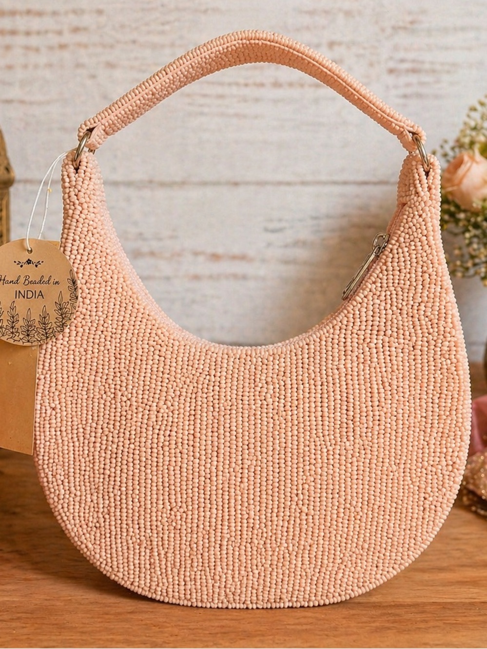 NWT Handmade Pink Beaded Floral Shoulder Bag, Made in India. - Picture 3 of 4